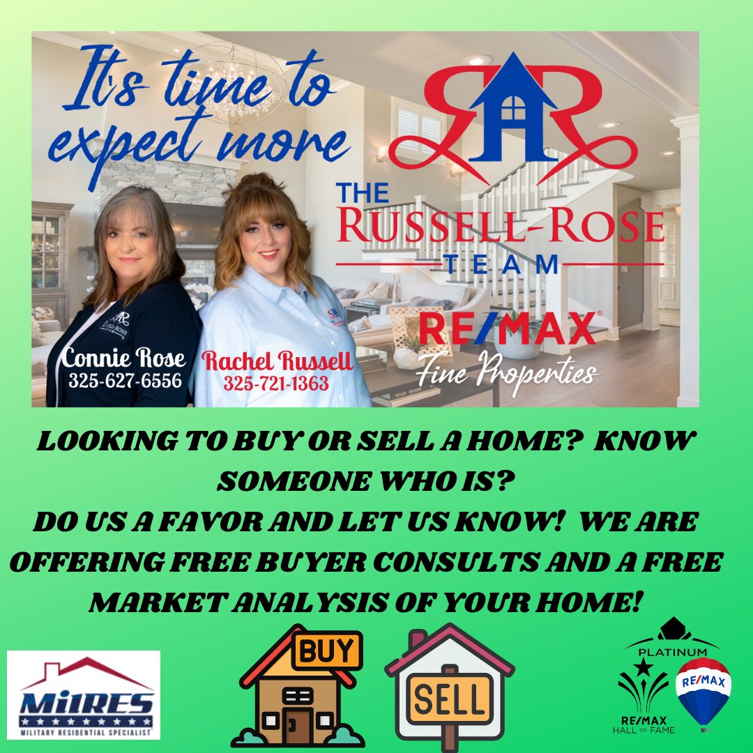 Call, email or text us today!  
therussellroseteam@gmail.com
325-721-1363 Rachel Russell
325-627-6556 Connie Rose
#abilenerealtor #remaxfinepropertiestx #remax #buyers #sellers
#buyingahome #selling #homesweethome #expectbetter