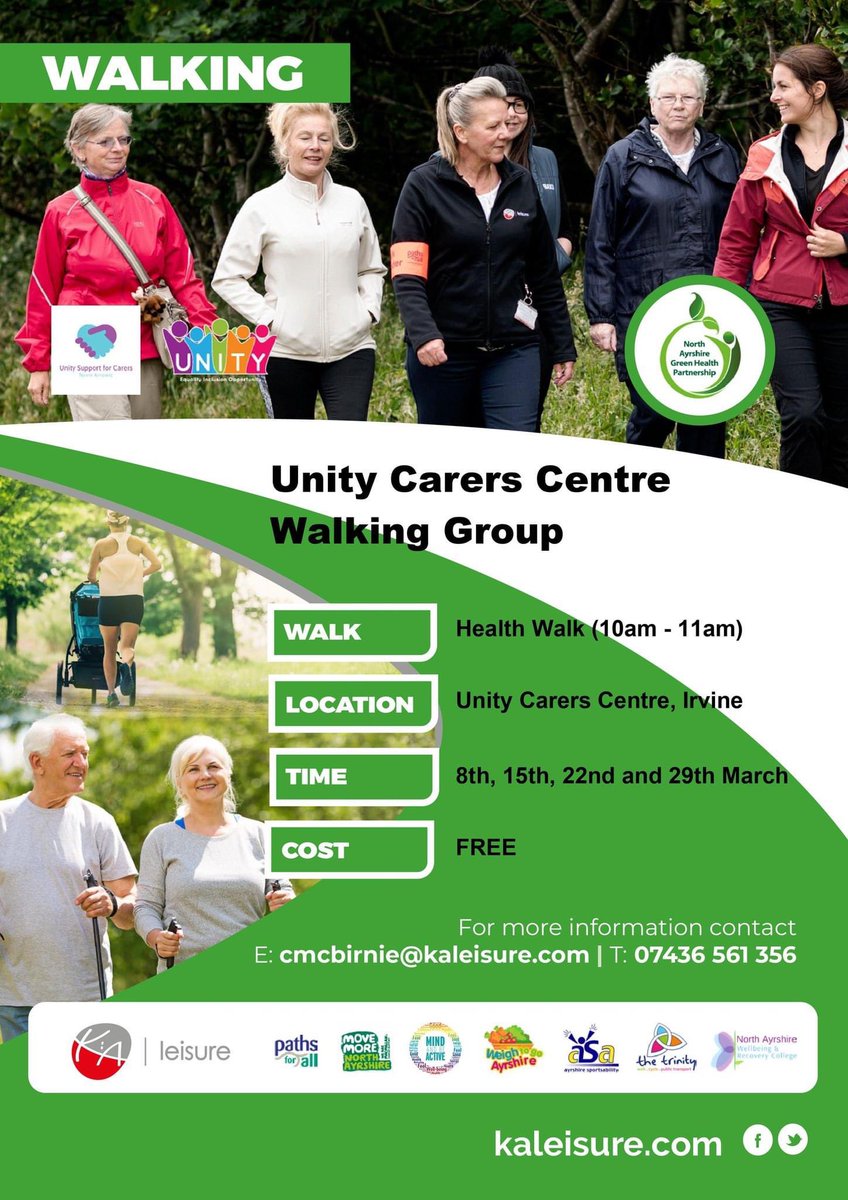 NA_Carers's tweet photo. Walking group for unpaid carers.

If you would like to come along then please give Unity, North Ayrshire Carers Centre a phone on 01294 311333. #BuildACaringCommunity https://t.co/e3avxeYug9