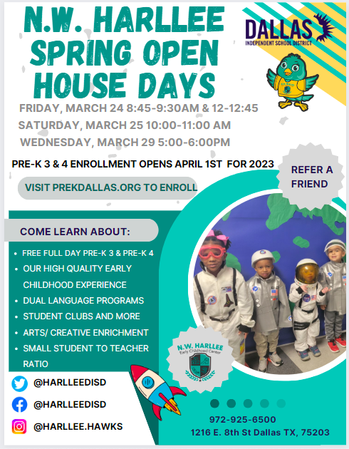 HARLLEEDISD's tweet photo. We are looking for new potential Harllee Hawks who want to join our wonderful Harllee Hawk Family! We will be hosting Open Houses for families who want to come see what we are all about. @TransformDISD @dallasschools https://t.co/qD7vh0H7aM