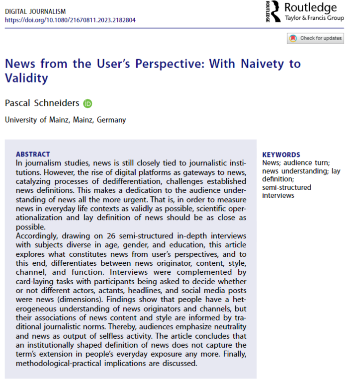 Happy to share a new publication in <a href="/djeditorialteam/">Digital Journalism</a> about what constitutes #news from an #audience or lay perspective. 
50 free online copies are available at: bit.ly/news_understan…