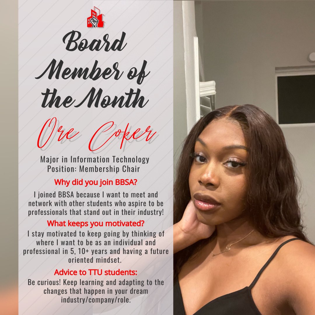 Join us in celebrating our very own Co-Membership Chair, Ore Coker as BBSA Board member of February! 
Her amazing work for BBSA was phenomenal. Everyone say, “THANK YOU ORE.”