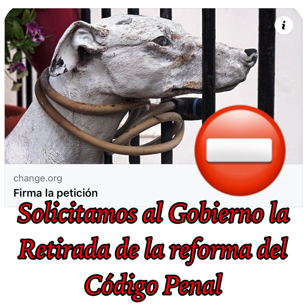 🔵 LOS PERROS DE CAZA TAMBIÉN EXCLUIDOS DE PROTECCIÓN PENAL al ser la caza una actividad legalmente regulada, por ello SOLICITAMOS AL GOBIERNO (PSOE y PODEMOS) LA RETIRADA DE LA REFORMA del CP

Más info 👉🏽 m.facebook.com/story.php?stor…

🔗 change.org/p/paremos-esto…