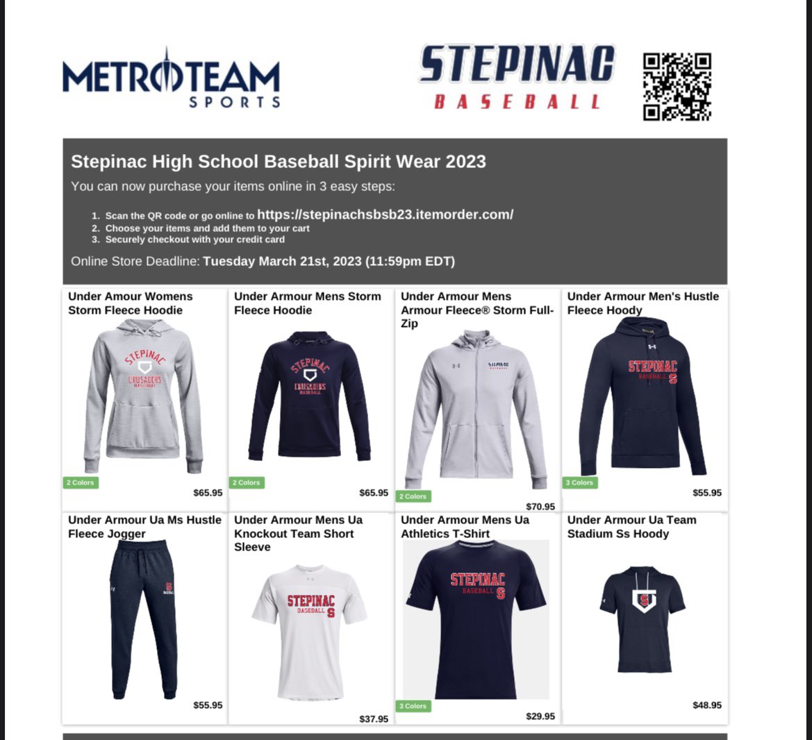 Step_Baseball's tweet photo. Stepinac Baseball Online Store is NOW OPEN! Click for great @UnderArmour apparel courtesy of @MetroTeamSports #StepinacHighSchool #StepinacBaseball
https://t.co/hLlCCsEwBV https://t.co/Q7U8Zs6QCd