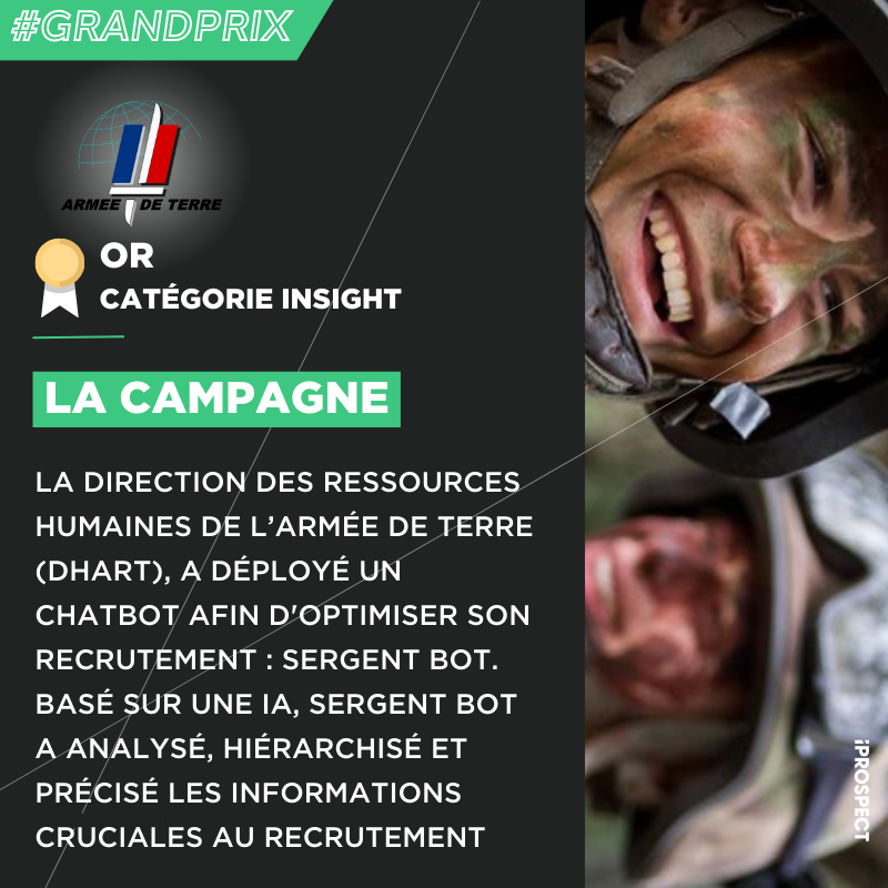 #grandprix l 🏆 iProspect et la DRHAT remportent l’Or dans la catégorie Insight au Grand Prix de la Data 

✨ Accompagné par iProspect, la DRHAT a développé un dispositif de recrutement innovant basé sur un chatbot animé par une IA : Sergent Bot.