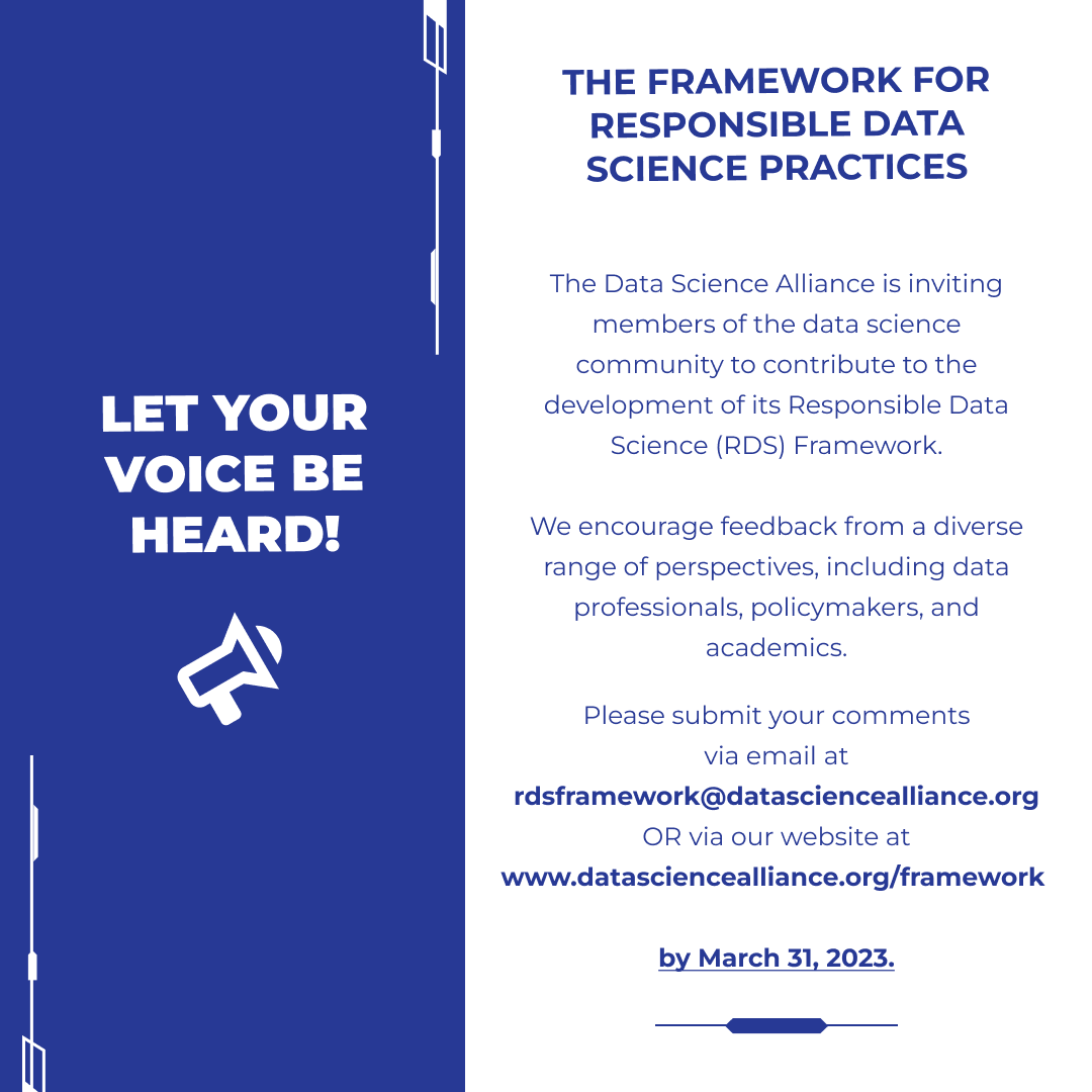 DataScienceAll1's tweet photo. What are you looking for in a practical framework for #responsibledatascience? Let your voice be heard!
Submit comments via email at rdsframework@datasciencealliance.org OR on our website at https://t.co/rww9YaqhXN by March 31, 2023.
#datascience #framework #data #responsibleai https://t.co/OcUI2x9P2v