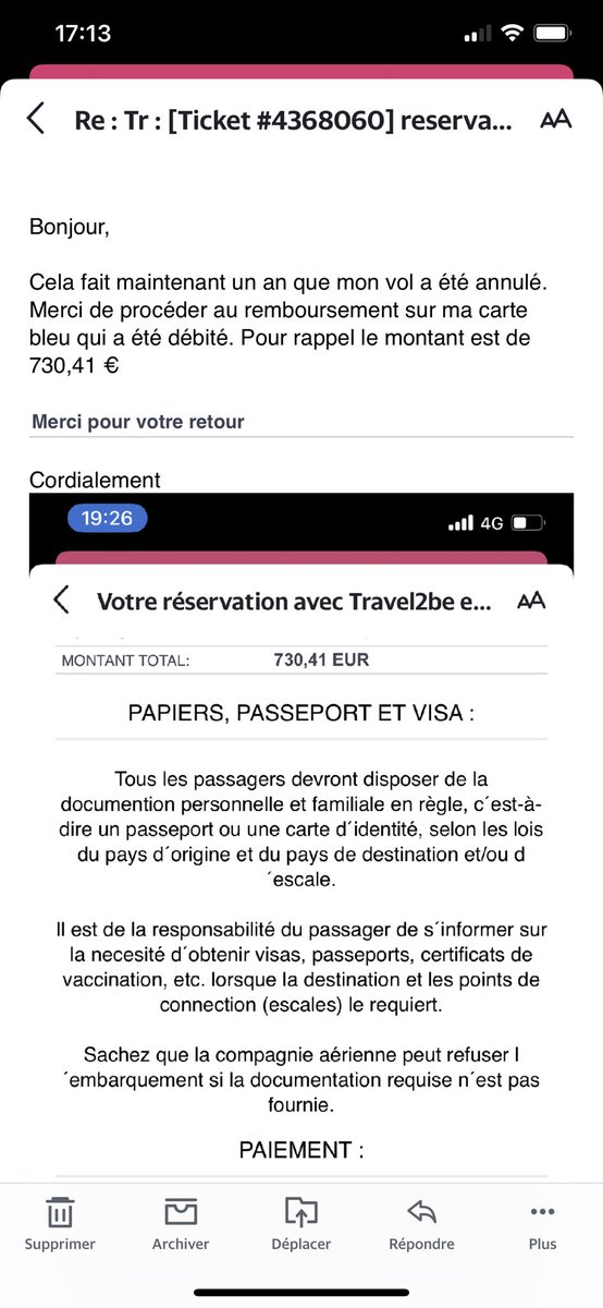 Bonjour <a href="/travelgenio/">Travelgenio</a> , j’ai acheté des billets pour 730.41€ le 7 mai 2021. Les billets ont été annulés par <a href="/royalairmaroc/"></a> le 11 mai. À date, ni #remboursement ni bon d’achat. 
ni réponses à mes sollicitations 🤬Si pas de retour, je me rapprocherai des services ad hoc!
#Arnaque