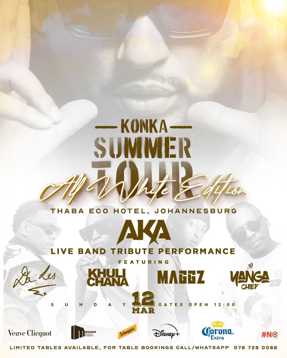 We celebrating the SupaMega this coming Sunday at #TheKONKASummerTour Finale 🥳

Line up strong with Khuli Chana, Da L.E.S, Yanga Chief & Maggz 😩🙌🏽

Guys book those tables now 🤞🏽
@KonkaSoweto is coming through with the juice

#AKAForever