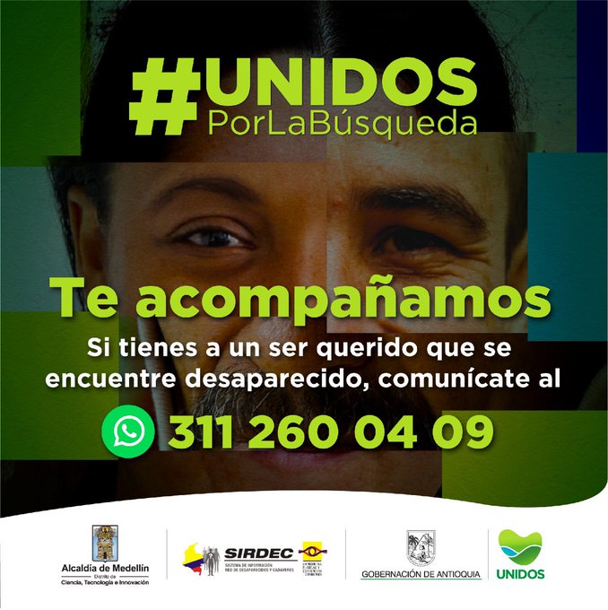 GobAntioquia's tweet photo. ¿Sabías que no tienes que esperar 24, 48 o 72 horas para reportar un caso de desaparición? 🤔

📣 Si estás buscando a un ser querido, comunícate YA al 📱 311 260 0409.

Construyamos una red de SOLIDARIDAD para encontrar a personas desaparecidas. #UNIDOSPorLaBúsqueda 🤝 https://t.co/oSjywjelTx