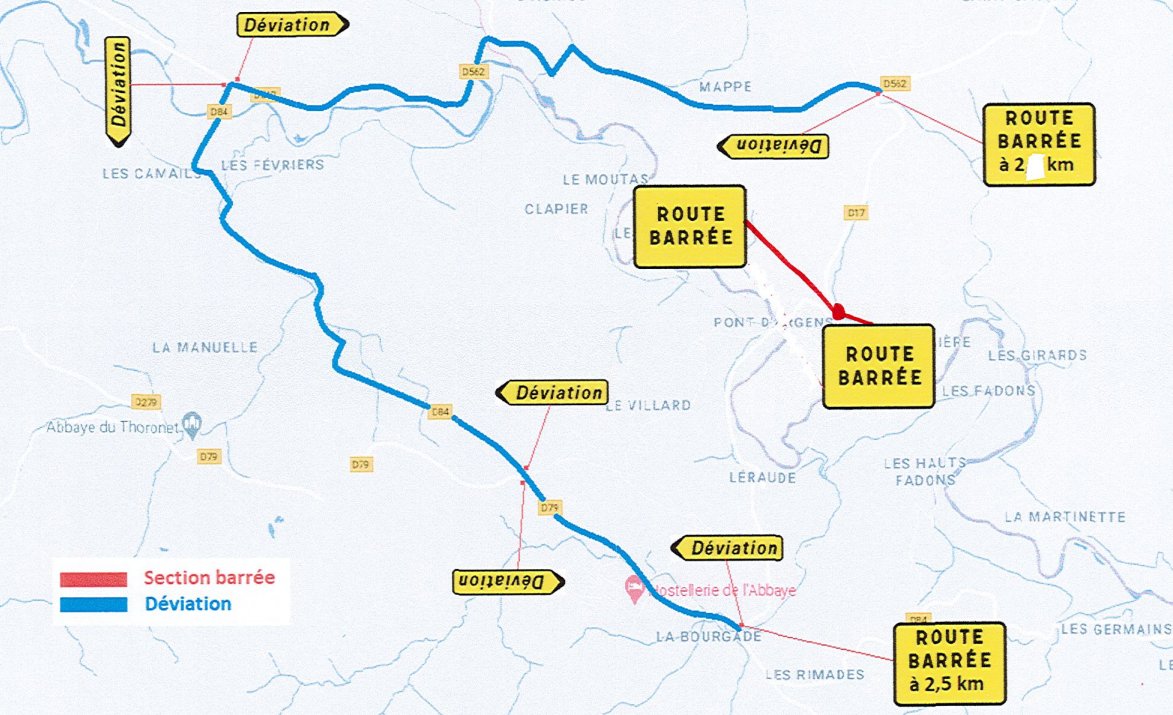 Travaux d'abattage d'arbres sur la commune de LORGUES, la RD17 sera fermée à la circulation (PR.1+732 à 2+114) du lundi 13 au vendredi 17 mars 2023 entre 9h00 et 17h00.
Un itinéraire de déviation sera mis en place par les RD79, RD84 et RD562 entre Le Thoronet et Lorgues.