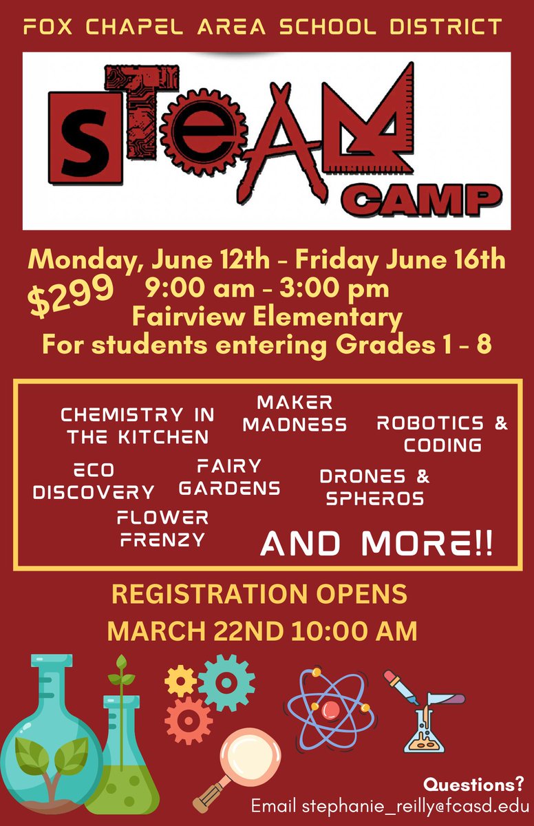 FCASD's tweet photo. Registration for the district's summer STEAM Camp opens on March 22! Stay tuned for more information! https://t.co/NReUTBKIf8