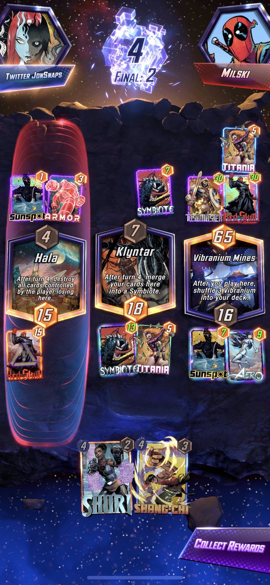 JonSnaps's tweet image. A really good example of how to win the mirror match. I had the Shuri Red skull line but I was able just play for two lanes with she hulk/zero on 4. This made Aero/Titania the absolute nuts.