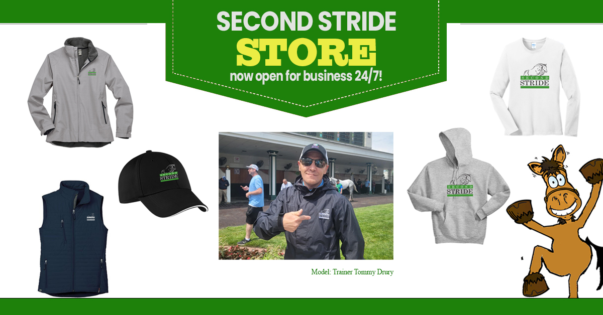 SecondStride's tweet photo. Another announcement! Just in time for Spring, order your #SecondStride merch at our store now open 24/7. Sport AND support the cause! #horsemerch #adoptathoroughbred Thanks to model extraordinaire, Tommy Drury. ๐ Order here: https://t.co/Dp7Xoe0BMH https://t.co/F2M2X8Uisx