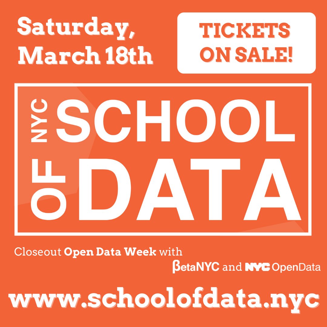 You're invited to NYC's #civictech + #opendata + #servicedesign community conference — NYC School of Data 2023!

Join us on Sat, March 18 w/ panels, workshops, demos, office hours &amp; more!

Schedule &amp; Details — schoolofdata.nyc 
Tickets &amp; Childcare — NYCsoData2023.eventbrite.com