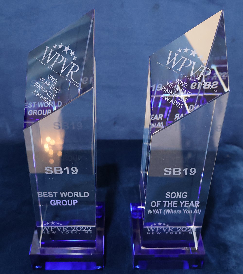 platinumvibes8's tweet photo. 🏆 Hello ATIN worldwide! We wanted to share photos with you of two of SB19's three WPVR 2022 Year-End Pinnacle Awards before we ship them to the Philippines 🇵🇭. Thank you and enjoy! Congratulations again to @SB19Official  #sb19 #wpvr #wpvrpinnacleawards #sb19_atin #sb19_wyat https://t.co/l9TdXxbVlM