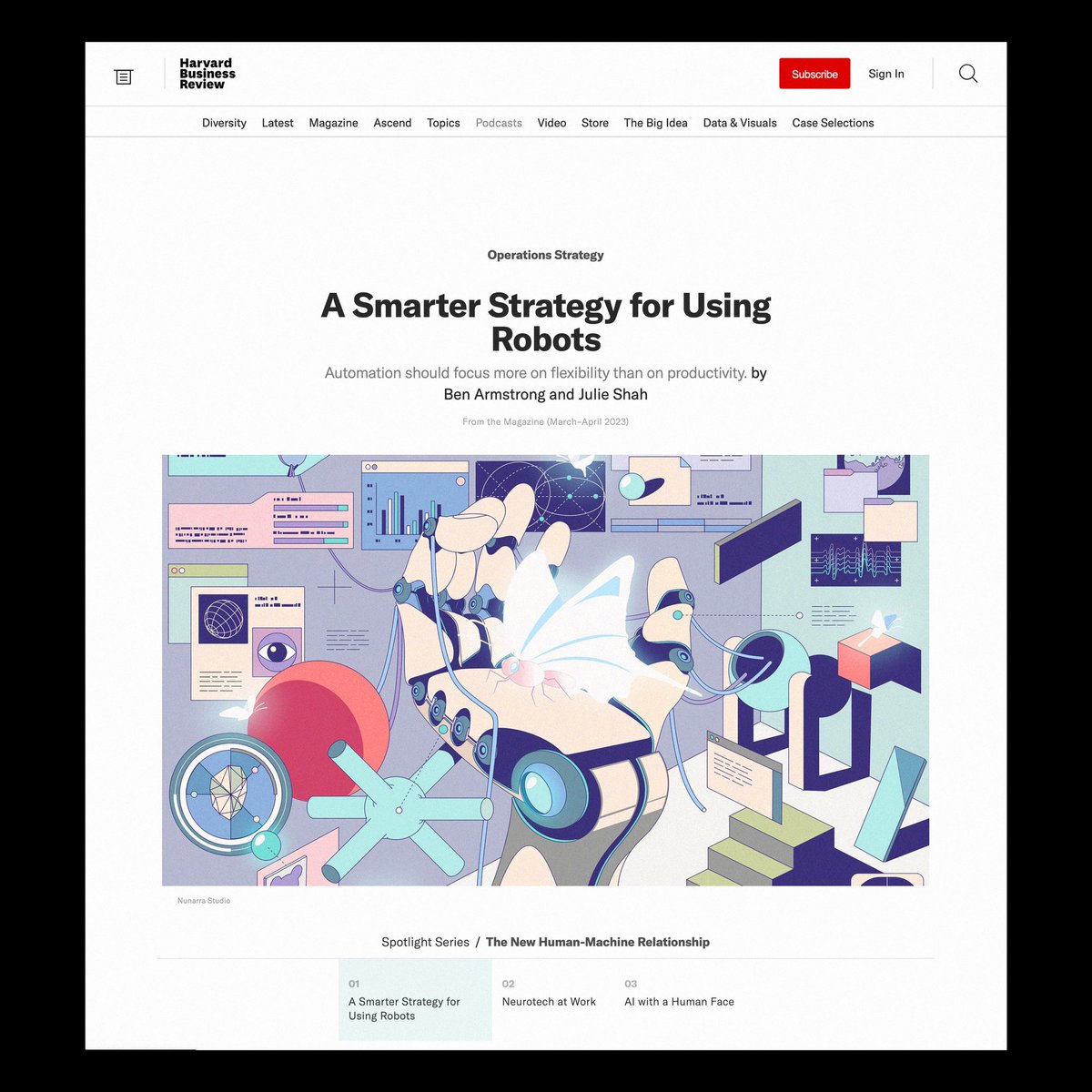 nunarrastudio's tweet photo. Harvard Business Review commissioned us for an illustration project for their Magazine, out now from March to April 2023. A topic about “A Smarter Strategy for Using Robots”.

https://t.co/TPUJXsZdQG

#nunarrastudio #nunarra #artdirection #illustration #art #hbr https://t.co/TmslpotICf