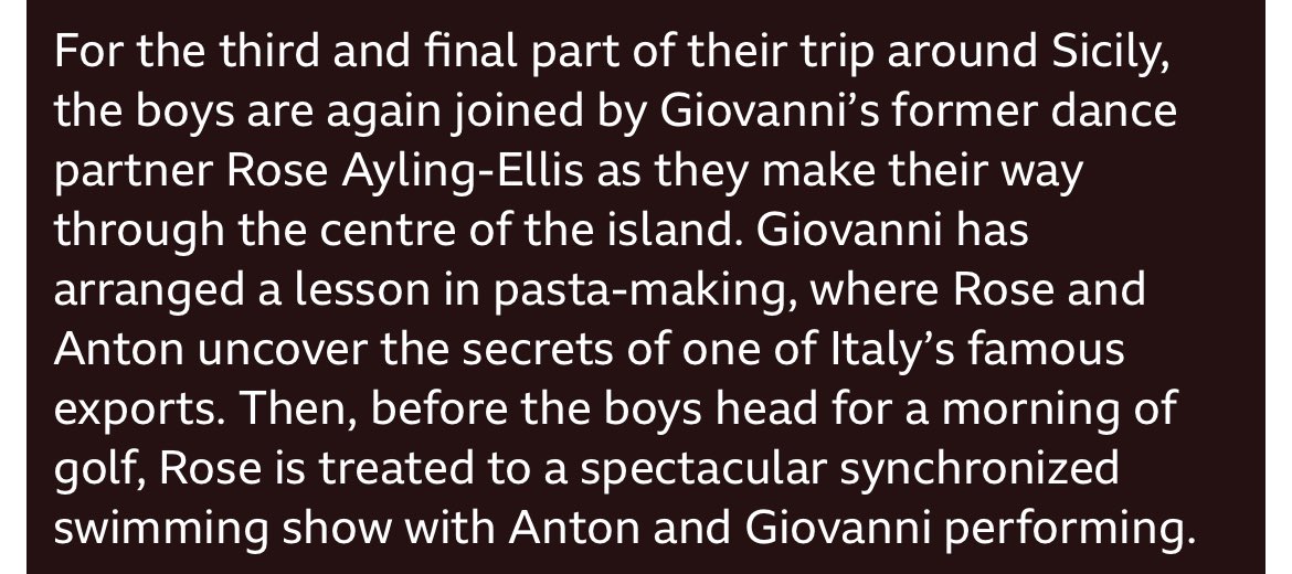I can’t wait for Anton and Gio travel show which features Rose too. Sounds like we are in for a treat. Helicopter tours, zip wires and synchro swimming 🤩😂😄  source: BBC programmes. bbc.co.uk/programmes/p0d…