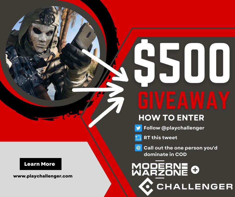 ModernWarzone's tweet photo. 🚨 $500 GIVEAWAY 🚨 

I’m partnering up with Challenger to giveaway $500 to one lucky person! 

All you have to do to enter is: 
• Follow @playchallenger ✅ 
• RT this tweet ♻️ 
• Reply with one person you’d dominate in a 1v1 👇 https://t.co/rnmEKX7ous
