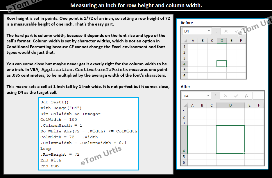 TomUrtis's tweet image. Measuring an inch for row height and column width. #TomsTips4Excel
