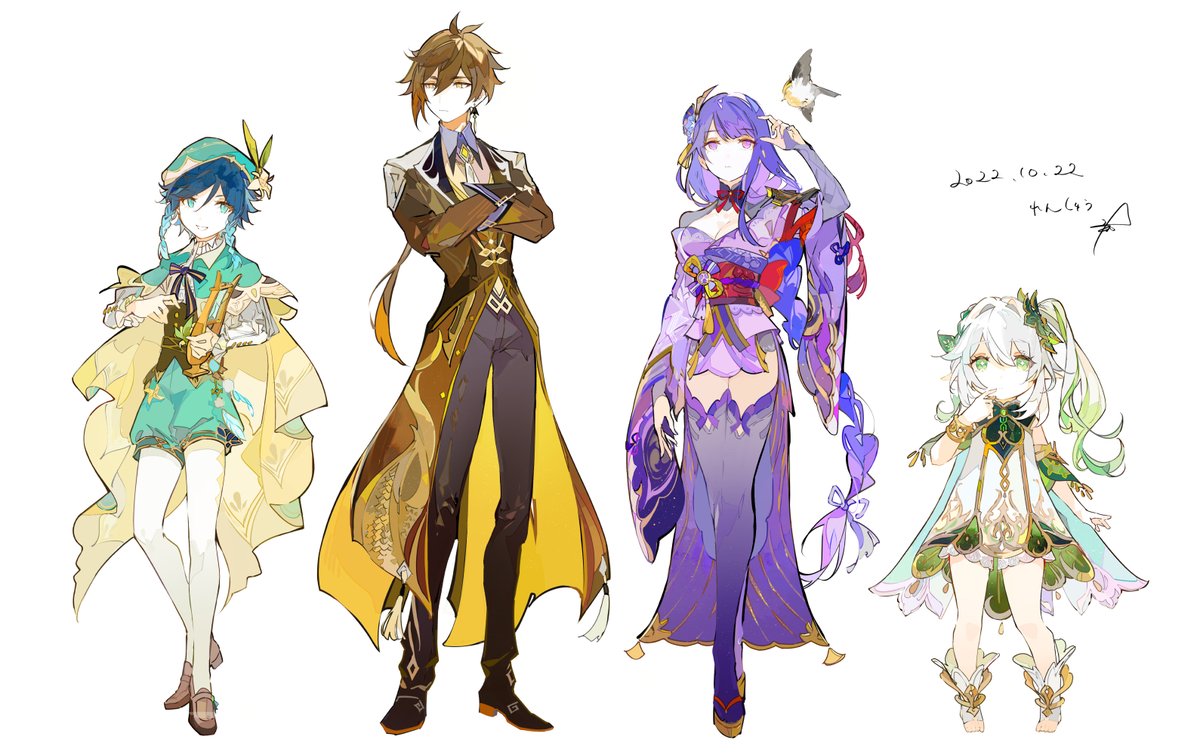 nahida (genshin impact) ,raiden shogun ,venti (genshin impact) ,zhongli (genshin impact) multiple boys multiple girls braid 2girls 2boys japanese clothes gradient hair  illustration images