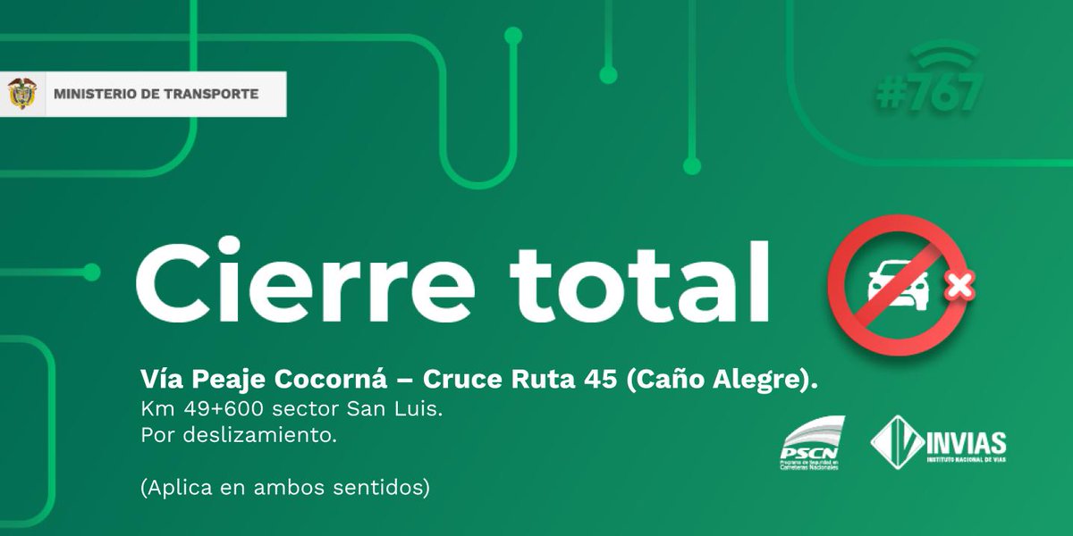 ¡Buenos días!

#NovedadVial en el departamento de #Antioquia, se reporta cierre total en el sector San Luis. #EnDesarrollo

Trabajamos para mantenerte informado.
