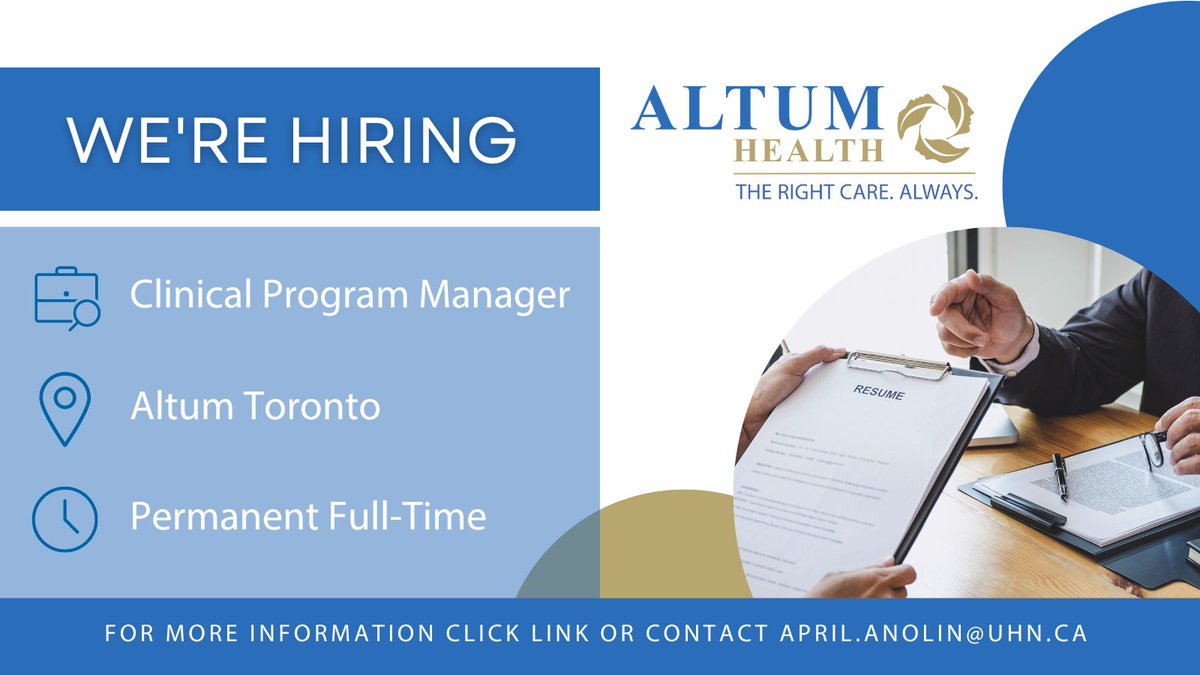 AltumHealth's tweet image. Altum Health is looking for a Clinical Program Manager to join the Toronto team!

For more information, please visit recruitingsite.com/csbsites/uhnca… or contact april.anolin@uhn.ca with any questions. #hiring #healthcare