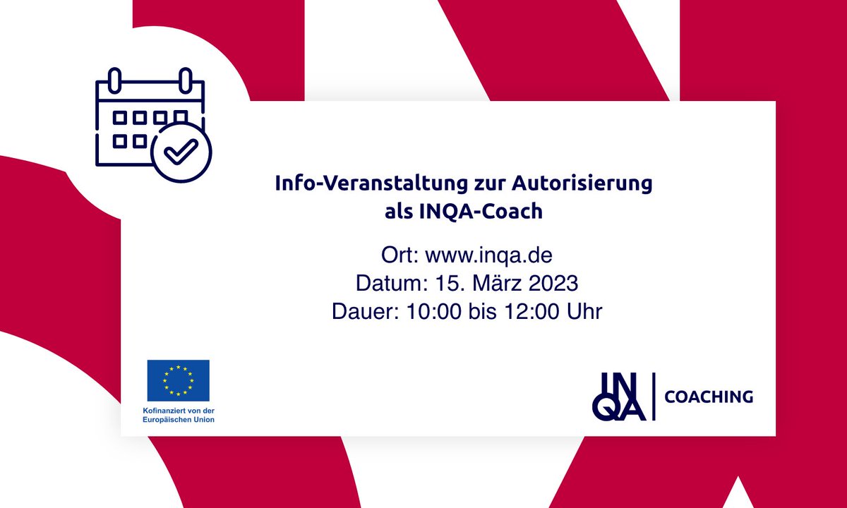#INQACoaching startet! 
Sie wollen als Berater*in dabei sein und alles zu Zugangsvoraussetzungen und zum Autorisierungsprozess erfahren? Dann nehmen Sie an unserer Info-Veranstaltung am 15.03. 📅 teil.
Hier geht's zu den Details 👇👇
inqa.de/DE/vernetzen/v…
#MachtArbeitBesser