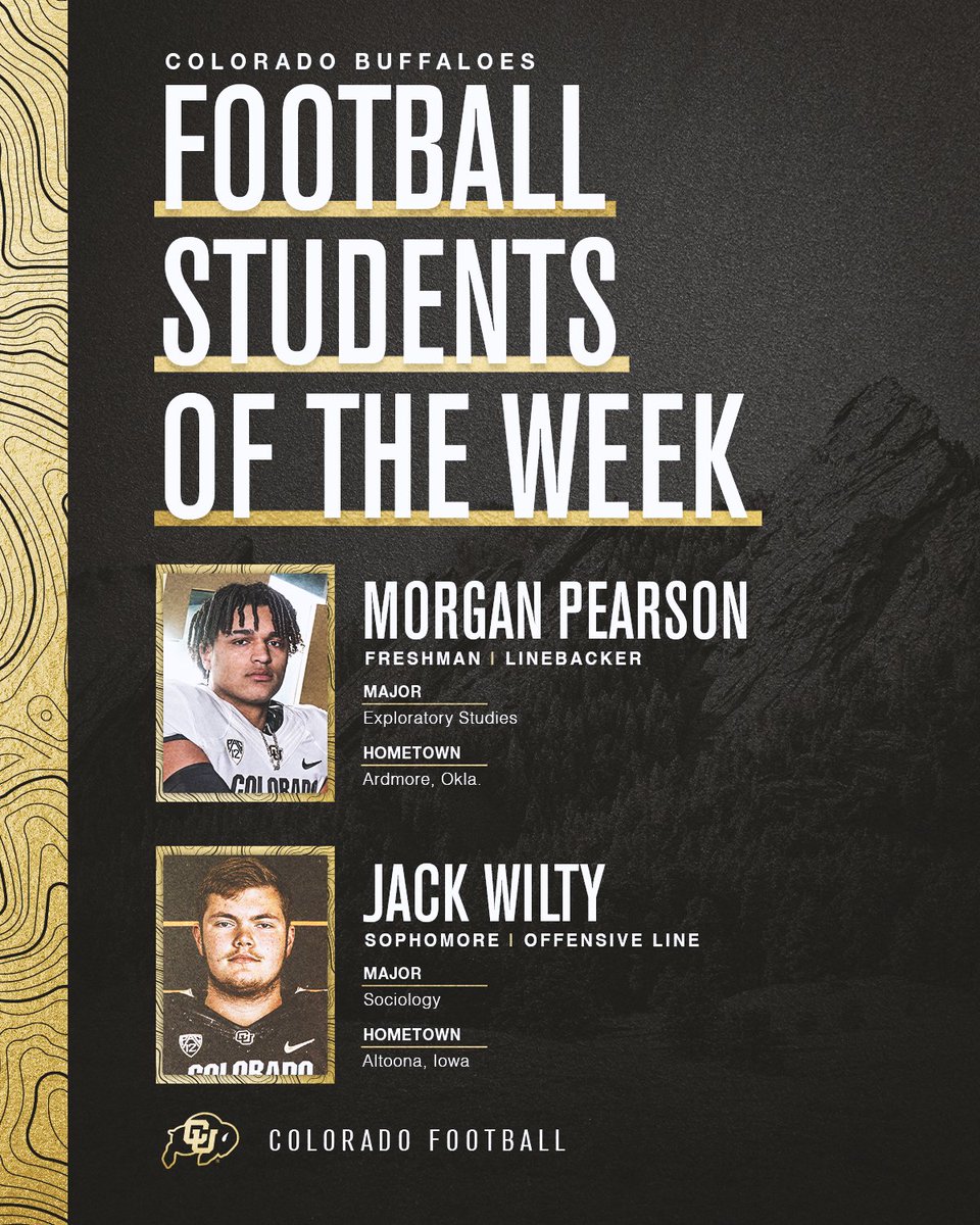 CUBuffsFootball's tweet photo. Congratulations to Football Students of the Week, @pearsonmorgan_  &amp; @WiltyJack  👏

#GoBuffs  🦬 https://t.co/UEF90KI4hN