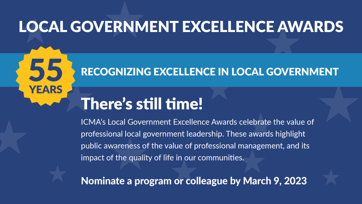 ICMA's tweet photo. Last chance to nominate an esteemed colleague or innovative community program for the 2023 Local Government Excellence Awards! Nominations close today. Learn more about the nominations process at https://t.co/YGMmEHDPIx #ICMAProud #LocalGov #ICMAAwards https://t.co/fQwxIOv61P