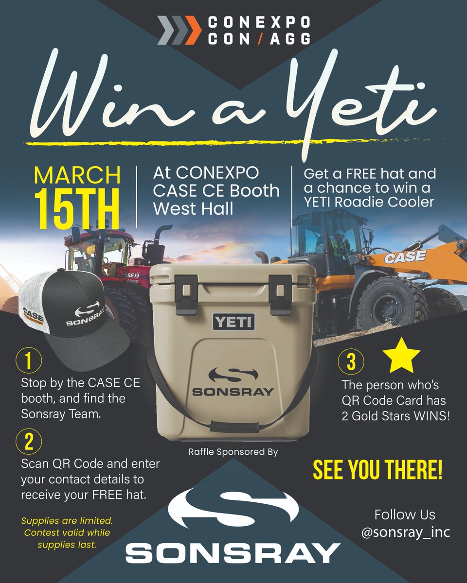 Sonsray's tweet photo. Will you be attending this year's CONEXPO in Las Vegas, NV? Stop by CASE's Booth over at #W40800 for a chance to win this brand new Yeti Cooler! Follow the 3 instructions listed and contact your local Sonsray dealer for more information!
#sonsray #conexpo #conagg #conexpoconagg https://t.co/QcUxeiFvvY