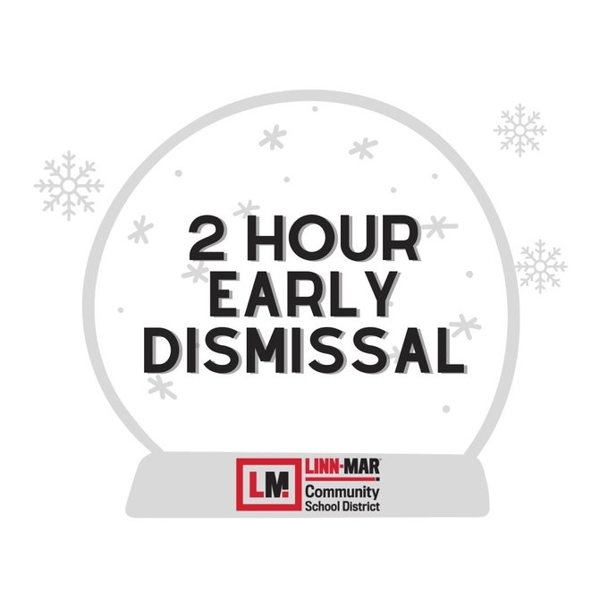 Linn-Mar will have a 2 hr Early Dismissal today. LMHS Block 4/Period 8 classes will end at 2:00 p.m. and busses will run at 2:05 p.m. There will be no afternoon RTI. All after-school and evening activities are cancelled or rescheduled to a future date.
