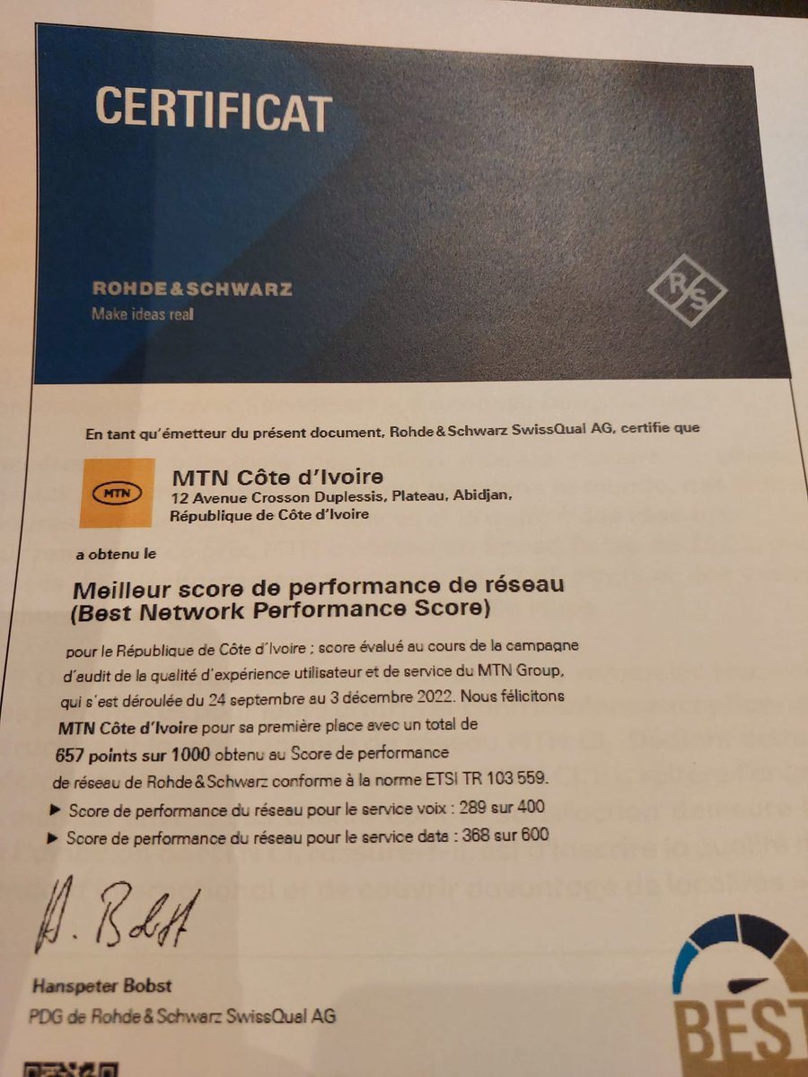MTN Côte d'Ivoire  a selon le cabinet  Rohde and Scharz , le meilleur score de performance réseau .

#MTNQUALITYSERVICE
#CONFMTN
#MTNTELCO