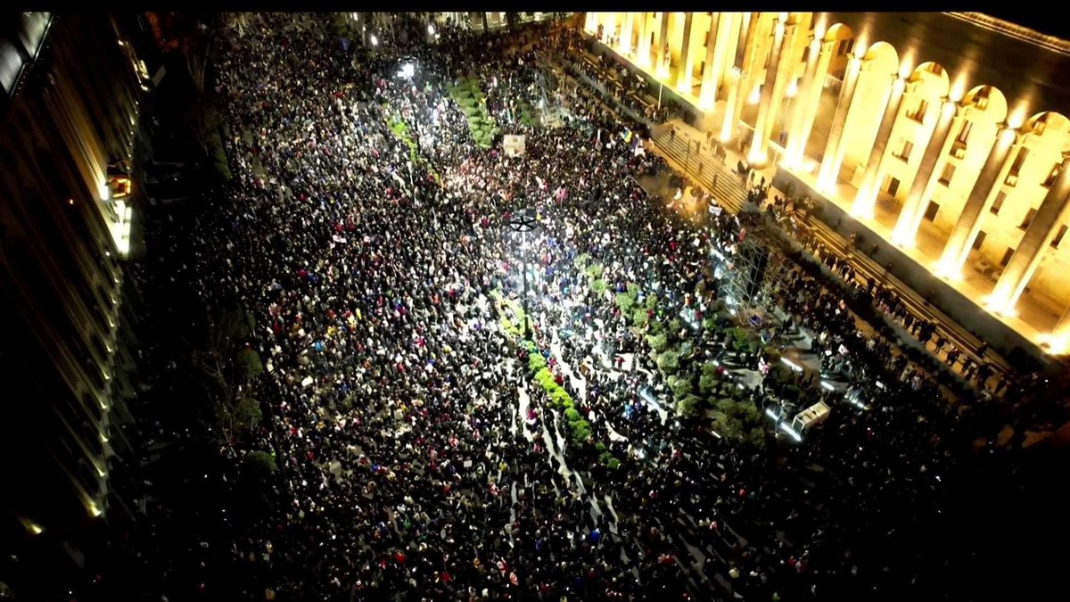 KShoshiashvili's tweet photo. Third day of protest in Georgia. Full house again. Ruling party made verbal promises to withdraw the Russian law on foreign agents, but thinks the law is legitimate. People continue defending Georgia’s democracy and European future. #StandWithGeorgia #NoToRussianLaw https://t.co/ojF5gtVFIz
