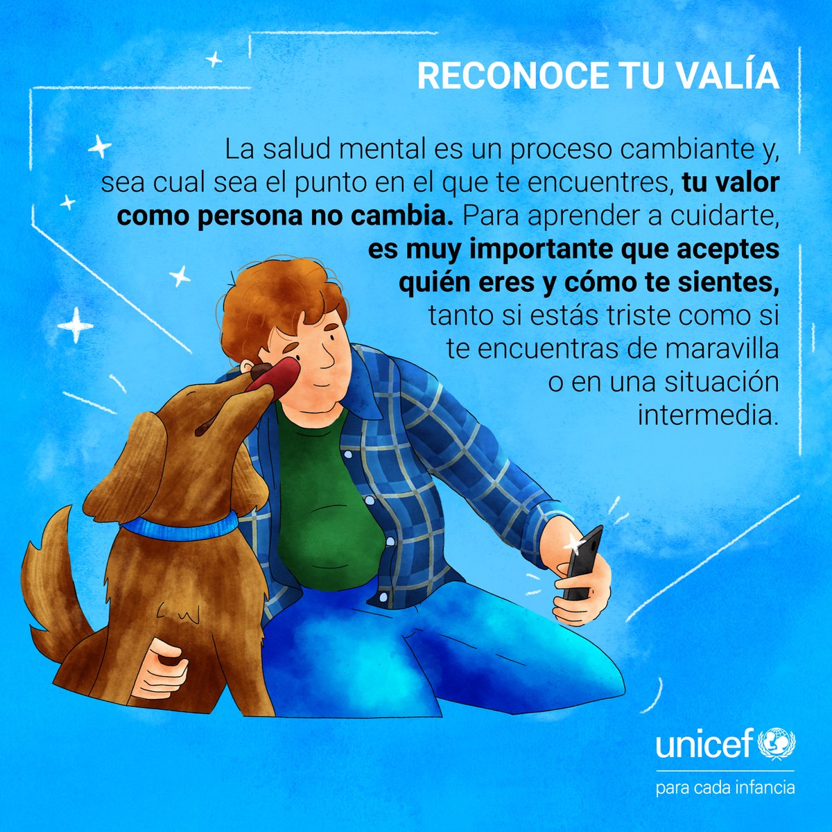 unicefvenezuela's tweet photo. Todos merecemos un trato amable y eso te incluye a ti, sin importar cómo te sientas. Si estás pasando por un mal momento, habla con una persona de confianza, no estás sola, no estás solo. 🧠💙 

Comparte este mensaje con otros, si crees que puede ser útil.

#EnMiMente