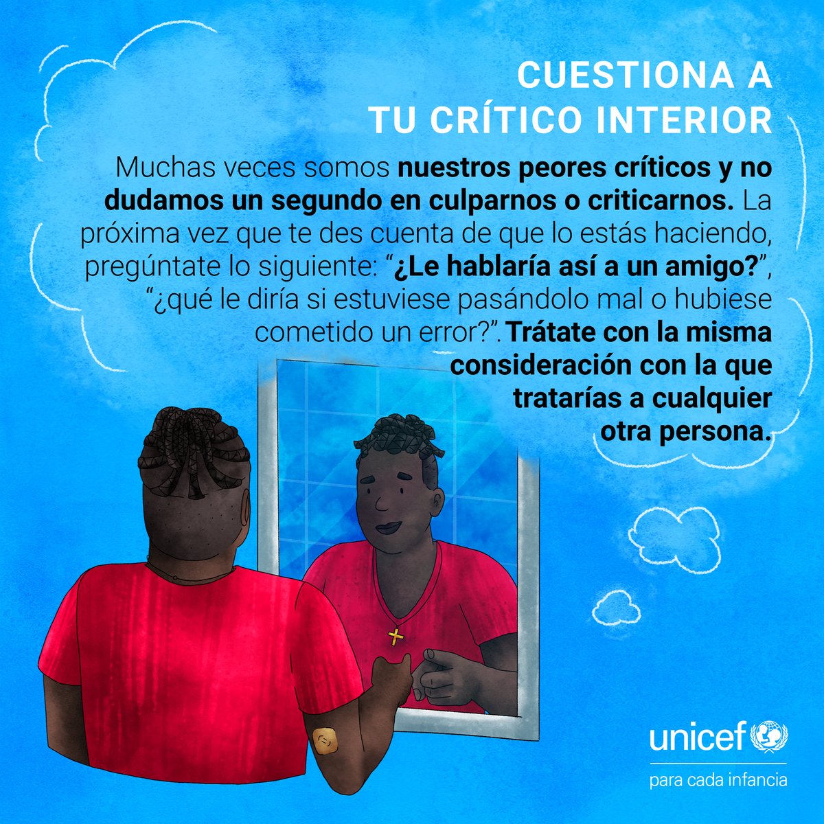 unicefvenezuela's tweet photo. Todos merecemos un trato amable y eso te incluye a ti, sin importar cómo te sientas. Si estás pasando por un mal momento, habla con una persona de confianza, no estás sola, no estás solo. 🧠💙 

Comparte este mensaje con otros, si crees que puede ser útil.

#EnMiMente