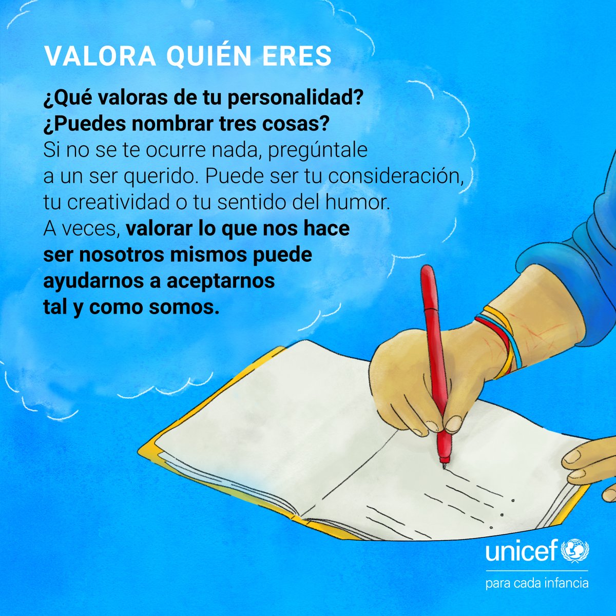 unicefvenezuela's tweet photo. Todos merecemos un trato amable y eso te incluye a ti, sin importar cómo te sientas. Si estás pasando por un mal momento, habla con una persona de confianza, no estás sola, no estás solo. 🧠💙 

Comparte este mensaje con otros, si crees que puede ser útil.

#EnMiMente