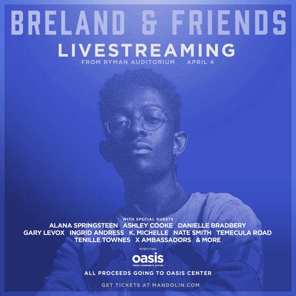 BRELAND & Friends just got bigger! So happy to officially announce that we'll be live streaming the entire concert, courtesy of my friends @mandolinlive. Tickets are on sale now and 100% of the proceeds are going to the Oasis Center 🙏🏾 breland.lnk.to/BFLivestream