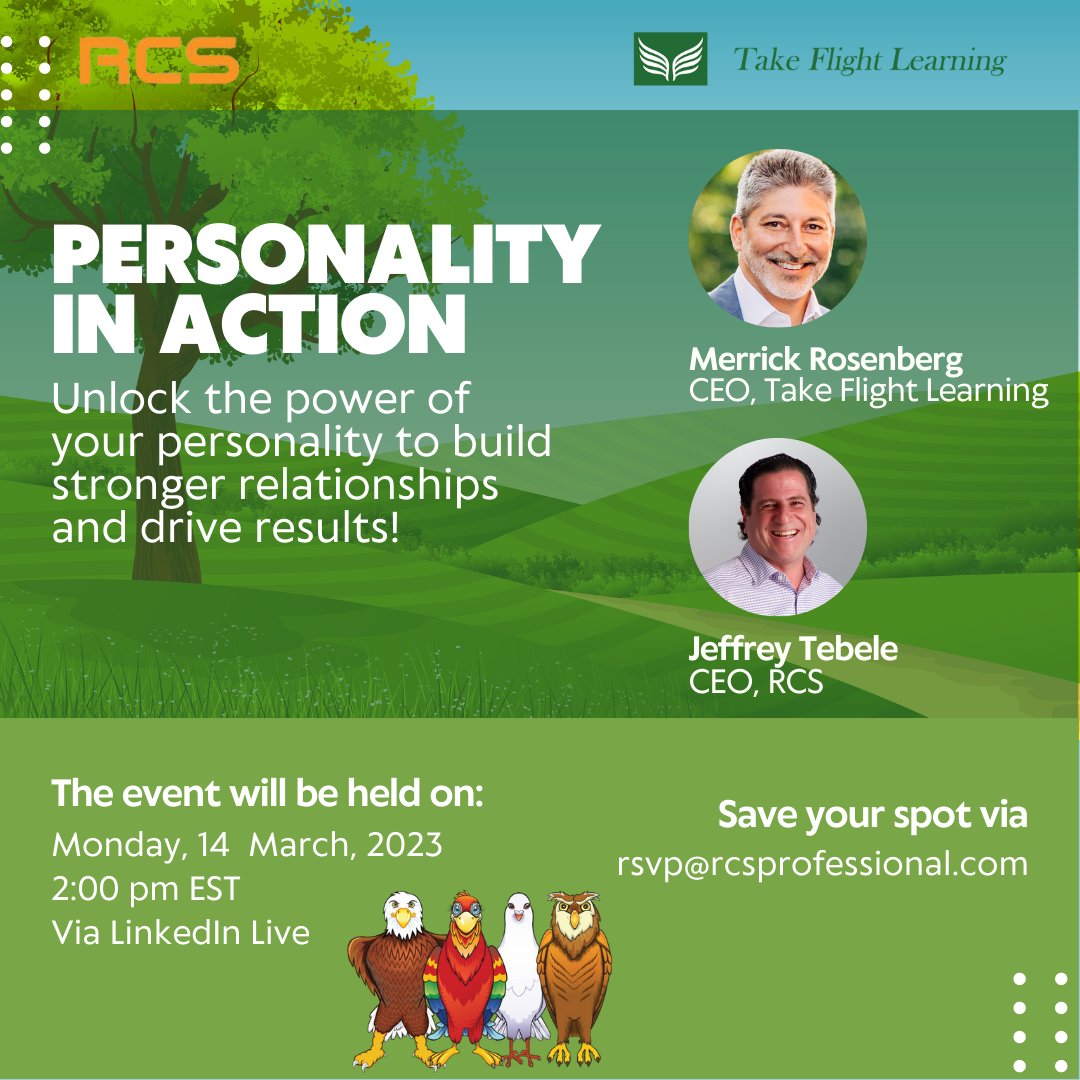 RCSProServices's tweet image. Next Tuesday on March 14th, don&apos;t miss out on the exciting opportunity to learn from Merrick Rosenberg, the CEO and author of Take Flight Learning. 

🍎 RSVP today: hubs.li/Q01G4Z0v0

#rcspro #rcsevents #takeflightlearning #careersuccess #effective #contributer #leader