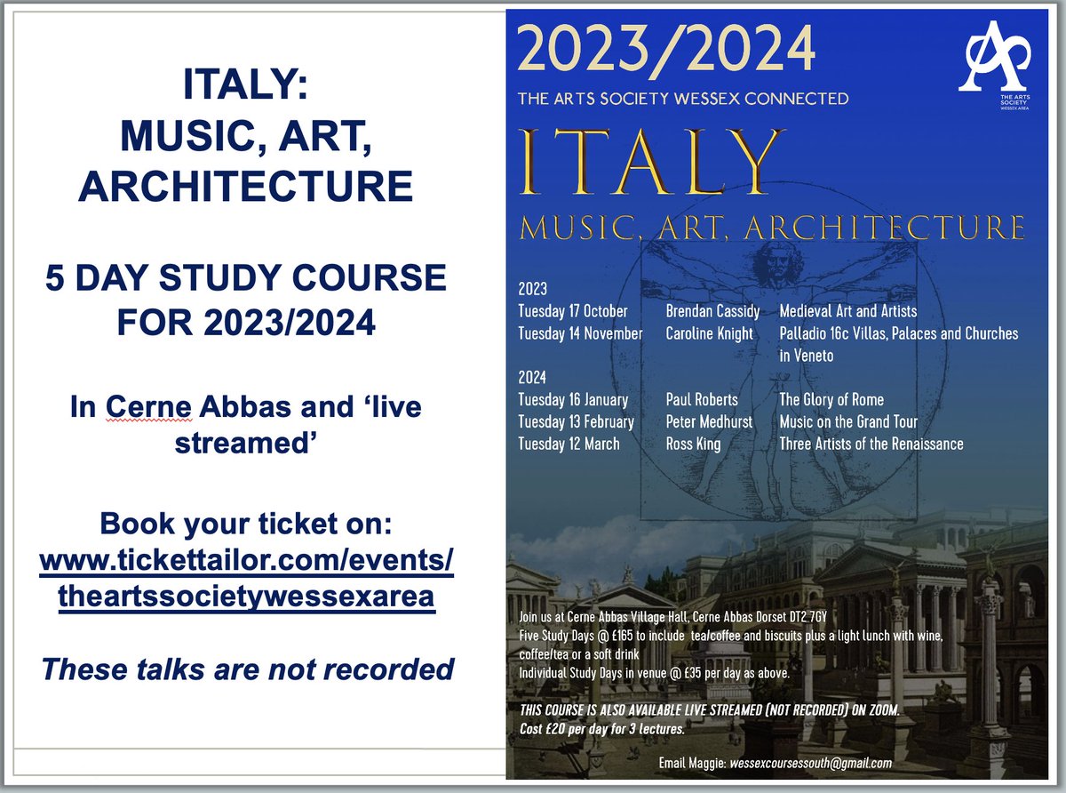 wessex_area's tweet image. Music, Art, Architecture of Italy - &apos;live streamed&apos; and in picturesque Cerne Abbas in Dorset.  Book now so you don&apos;t miss out. #Italy #PeterMedhust #ItalianArchitecture #ArtofItaly #CerneAbbas #ItalianMedievalArt #Palladio #RenaissanceArt