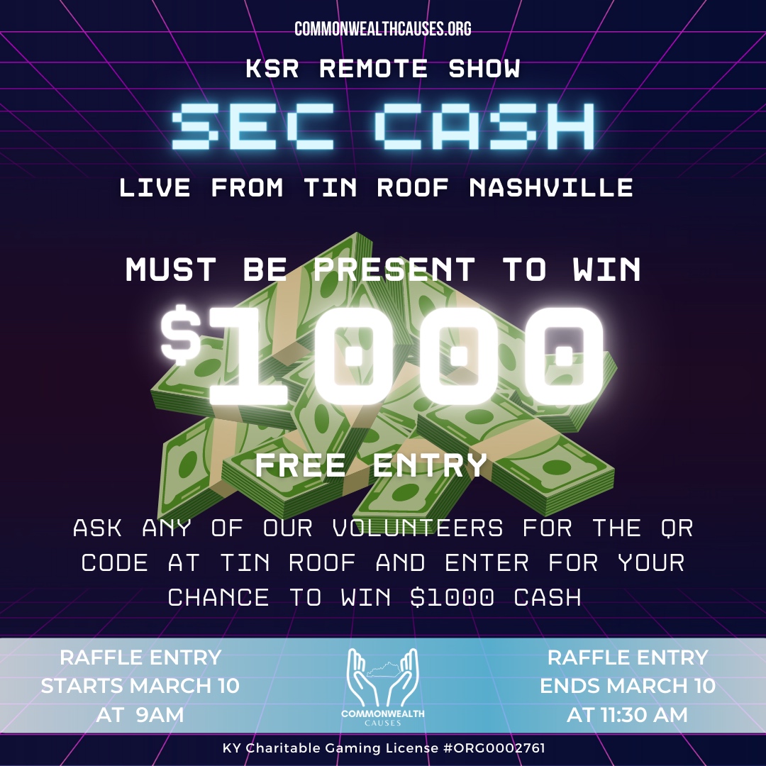 Free SEC Tourney Cash!  BBN we have $1000 with your name on it 👀  Come see us at Tin Roof Nashville during KSR’s remote broadcast, tomorrow March 10th, to enter for FREE!  Must be present to enter.  Must be present to win.  See you there! 🔵⚪️

#BBN #raffle #NIL #kycauses #UK
