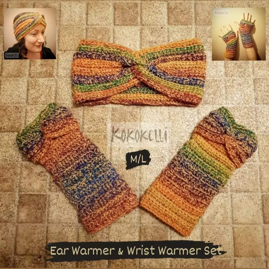 KokokelliWomble's tweet photo. What better way to stay snug &amp; cosy with this beautiful Multi-Coloured Ear &amp; Wrist Warmer Set 😍

One of a kind &amp; sure to keep the chills at bay ❤

£35.00

#sbs #mhhsbd #craftershour  #WinterWarmers #CrochetEarWarmers #CrochetWristWarmers #CrochetFingerlessGloves #Kokokelli https://t.co/OmOAIDUH5S