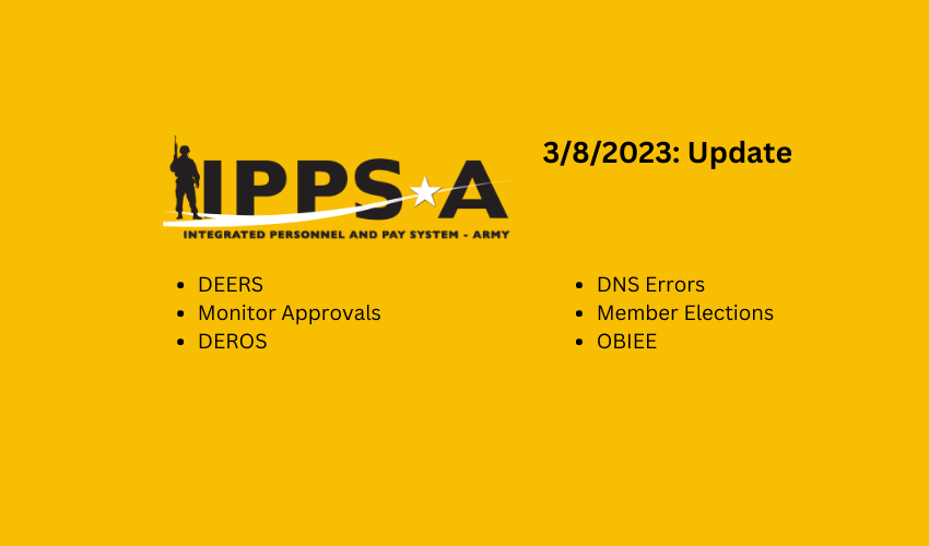 IPPSArmy's tweet photo. #ICYMI: The latest IPPS-A Update covers DEERS, Monitor Approvals, DEROS, DNS Errors, Member Elections and OBIEE. Make sure to review it: https://t.co/JegBOJn9We and https://t.co/52pQcttofp.
With your active participation and feedback, #TeamIPPSA can engage change. Thank you! https://t.co/sSEQd6CRmC