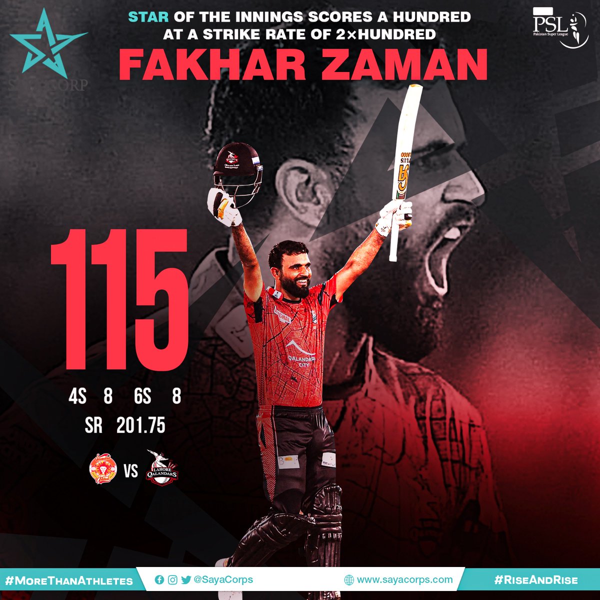 The man, the myth, the legend - @FakharZamanLive Left handed opening batter was in his full flow tonight to notch up his 2nd #HBLPSL 💯 He has now scored most 50+ or more scores in the last 2 seasons. The reigning champ. #MoreThanAthletes #RiseAndRise #SayaCorporation