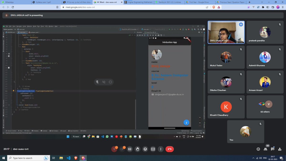 dscpgdav's tweet image. First Session of FLUTTER EXTENDED P.G.D.A.V COLLEGE Completed Successfully ✅️✨️✨️
.
.
.
#Google #googledevelopers #googledeveloperstudentclub #gdscpgdav #flutter #flutterdeveloper #session #Done