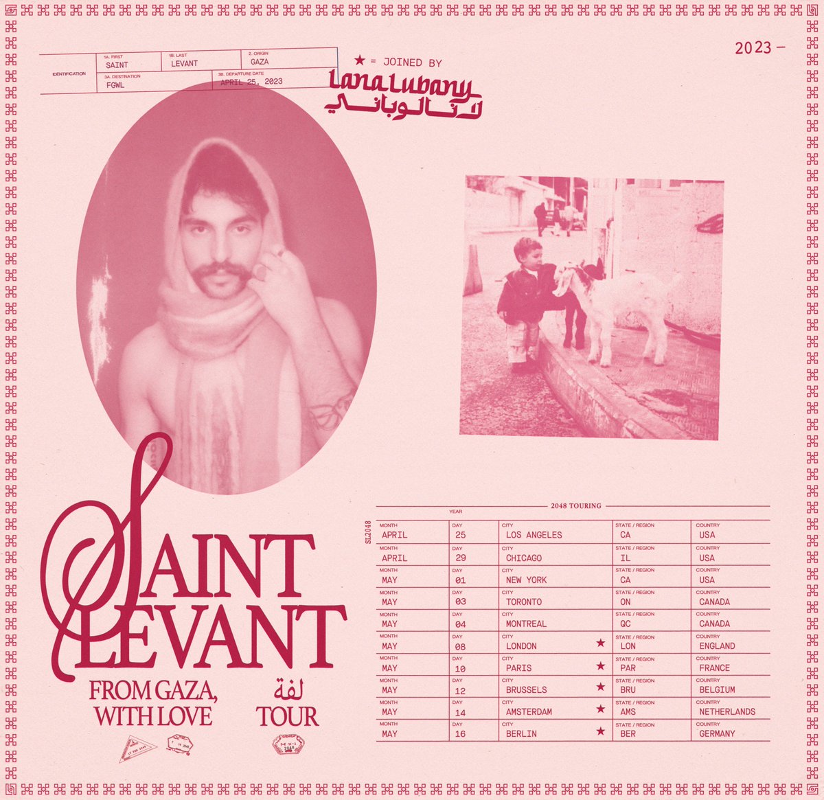 I’m super excited to announce that I’m going on TOUR with Saint Levant in May!! I’ll be joining the European dates - tickets go live tomorrow here: linktr.ee/lana_lubany (10am PST/6pm UK)
I can’t wait to meet some of you in person and sing with you 💚