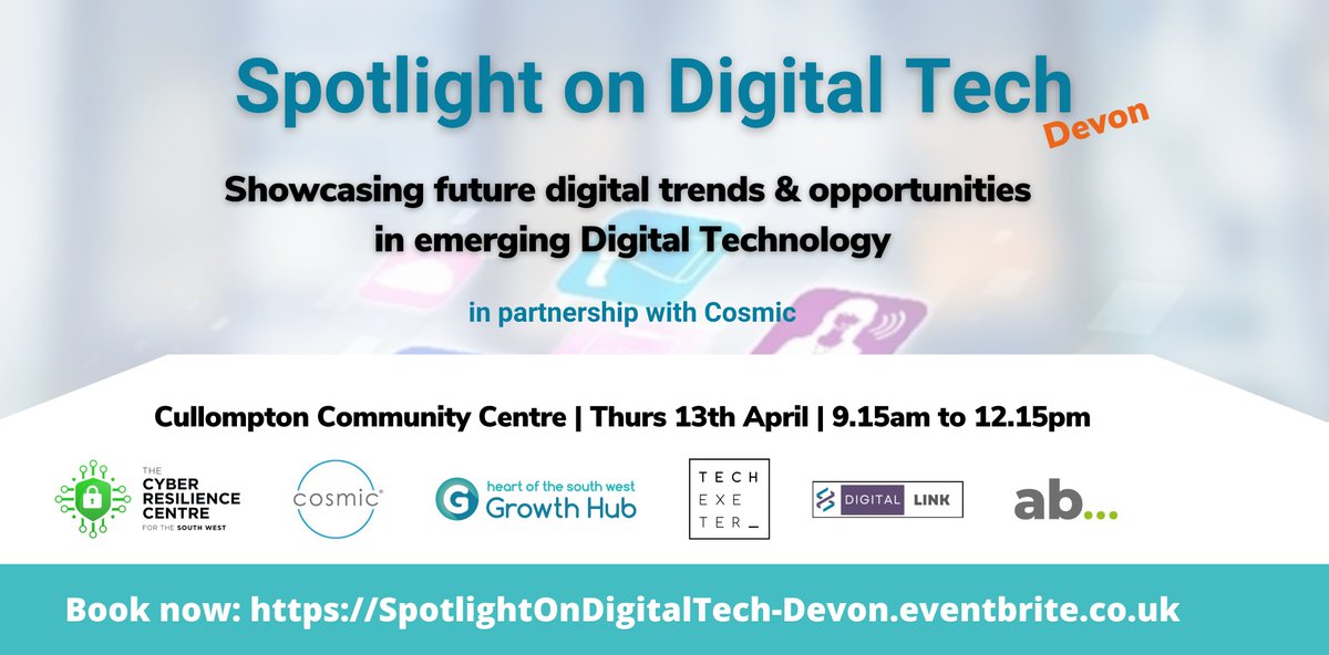 Cosmic (@cosmic_uk) on Twitter photo Learn how to harness digital technologies to grow your small business at the <a href="/GrowthHubHOTSW/">HOTSW Growth Hub</a>'s 'Spotlight on Digital Tech' event. Check it out on 13th April at Cullompton Community Centre to hear from expert speakers on emerging digital trends: eventbrite.co.uk/e/spotlight-on⦠Learn how to harness digital technologies to grow your small business at the <a href="/GrowthHubHOTSW/">HOTSW Growth Hub</a>'s 'Spotlight on Digital Tech' event. Check it out on 13th April at Cullompton Community Centre to hear from expert speakers on emerging digital trends: eventbrite.co.uk/e/spotlight-onā¦