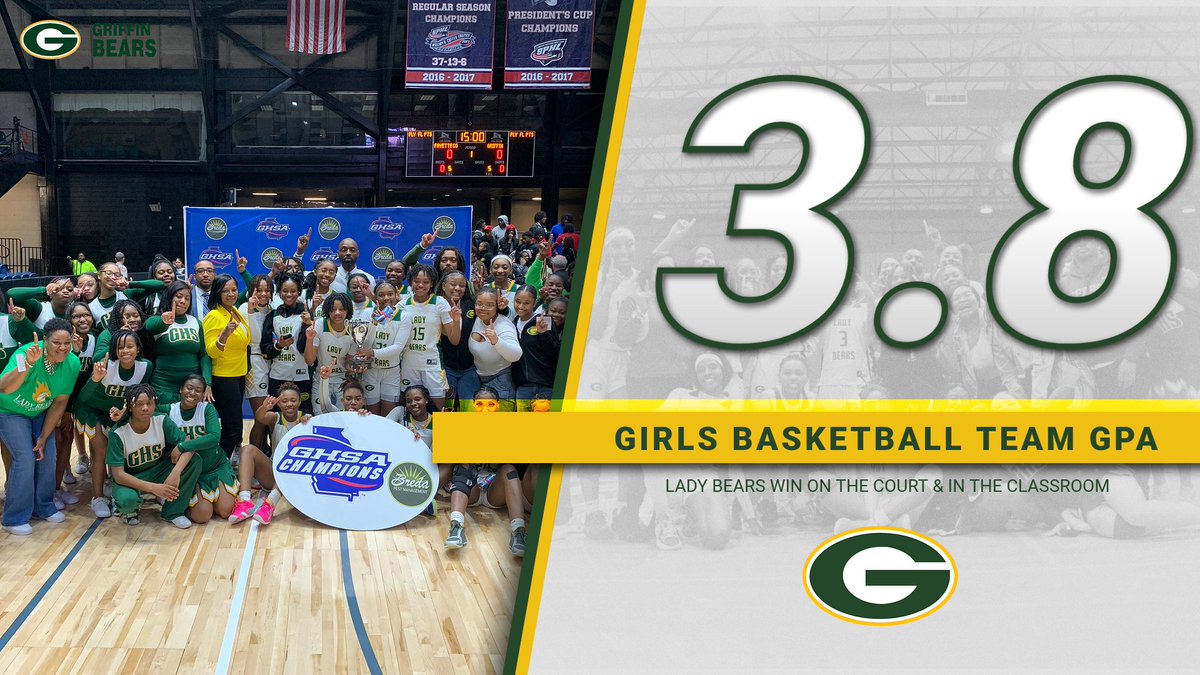 Our Lady Bears don't just get it done on the court.  They are leading the way for all of our scholars with a team GPA of 3.8.  EVERY young lady in the program has atleast a 3.0 GPA!

#WeAreGriffin #WeAreChamps #ScholarAthletes #Everything4TheG