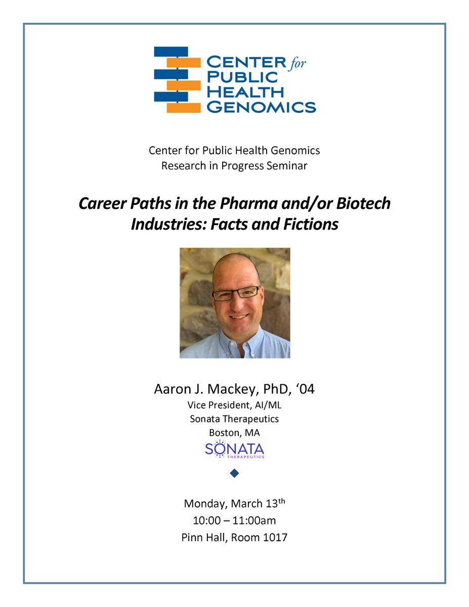 Please join <a href="/UVACPHG/">UVA CPHG</a> on Monday, 3/13 at 10am Eastern for a seminar presented by Dr Aaron J. Mackey, VP Sonata Therapeutics <a href="/ajmackey/">Aaron J. Mackey</a>