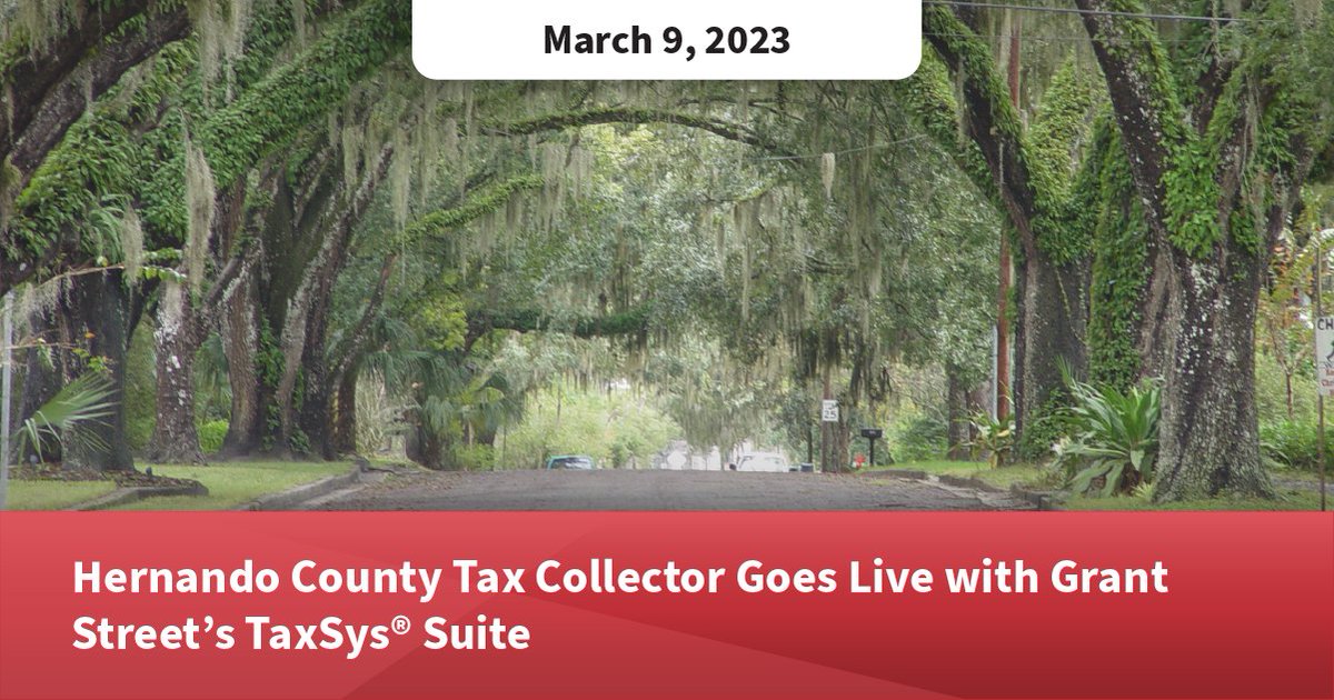 Today, Grant Street Group announced the Hernando County Tax Collector’s Office has successfully gone live with TaxSys. Hernando County is located on the west central coast of Florida, with a population of over 194,000 residents. grantstreet.com/news/hernando-…