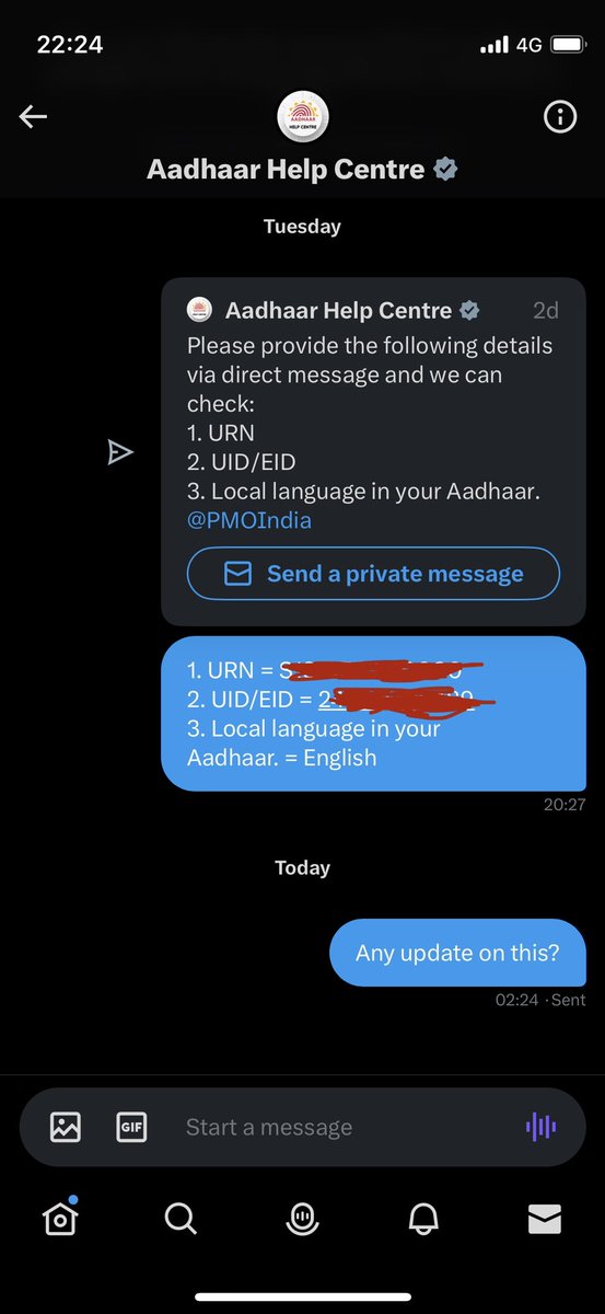 faisal4_malik's tweet photo. @Aadhaar_Care @PMOIndia Replied with requested details. Its been 3 days now and still awaiting further updates. 
No response yet from help centre either. 
#aadhaarcardupdate 
@UIDAI https://t.co/rcskxlljvx