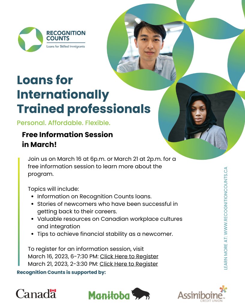 SEEDwinnipeg's tweet photo. Online Recognition Counts information session in March!
#RecognitionCounts empowers internationally-trained professionals and people in the trades to work in their same, similar or alternative field of expertise in Manitoba.
https://t.co/9y2ZhwS03o
#LoansForSkilledImmigrants https://t.co/8zVqyrILOS